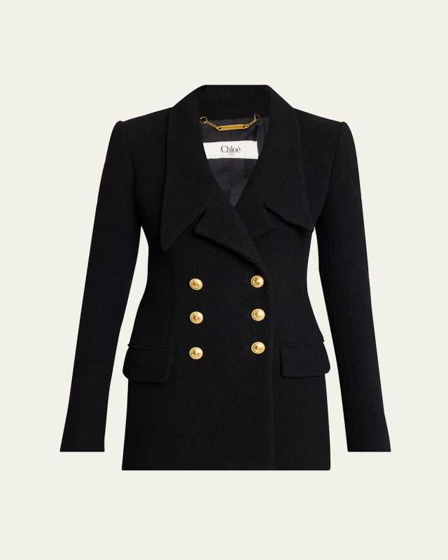 Cascade-Lapel Double-Breasted Boucle Jacket